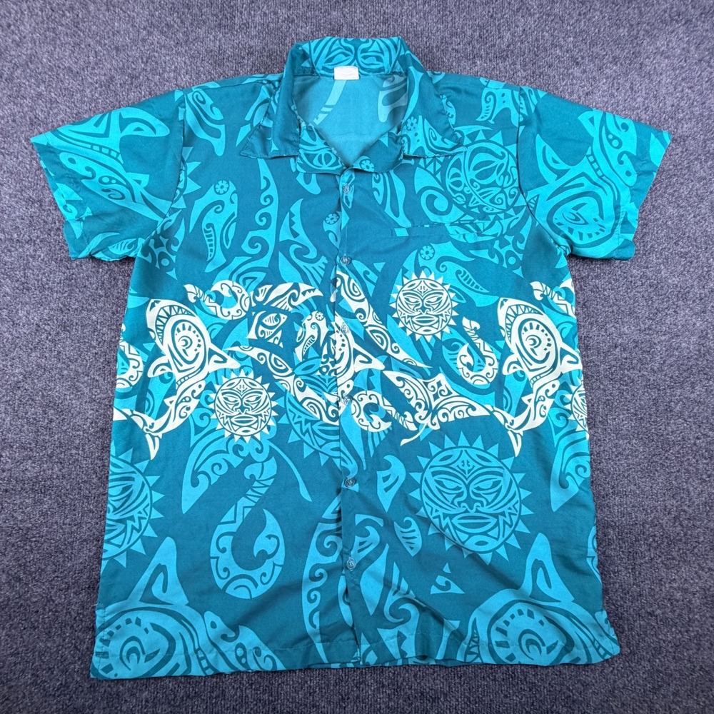 King Kameha Hawaiian Shirt Mens Large Turquoise White Maori Print‎ Button Up